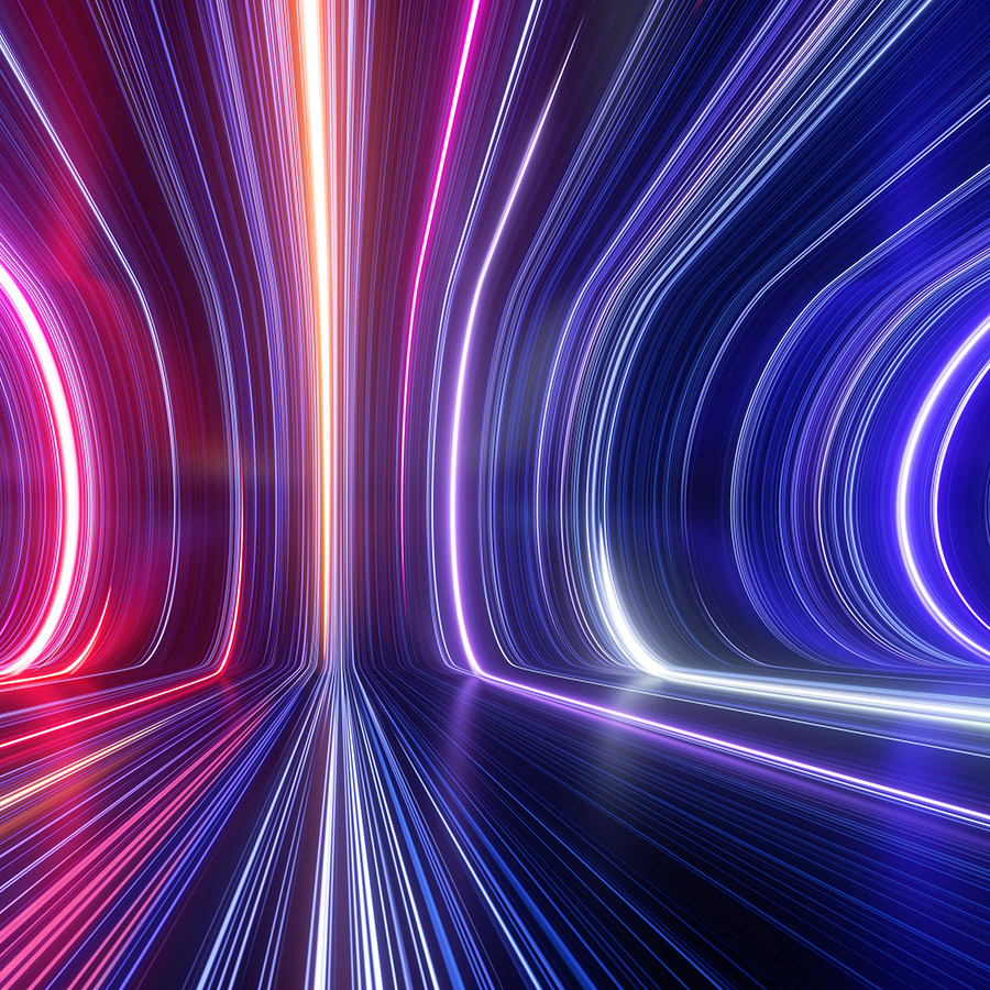 3d rendering, abstract cosmic background, ultra violet neon rays, glowing lines, cyber network, speed of light, space-time continuum